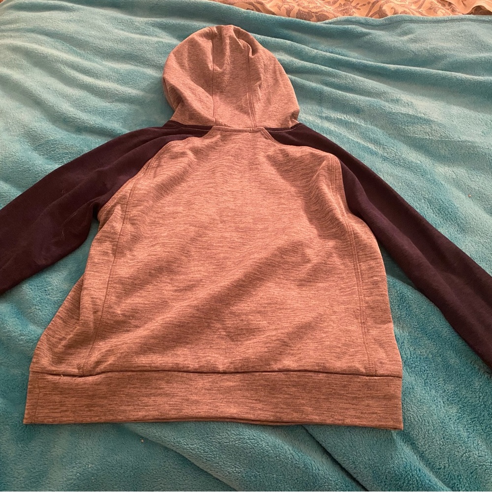 Boys gray adidas sweatshirt with navy sleeves and turquoise adidas logo - Picture 3 of 3